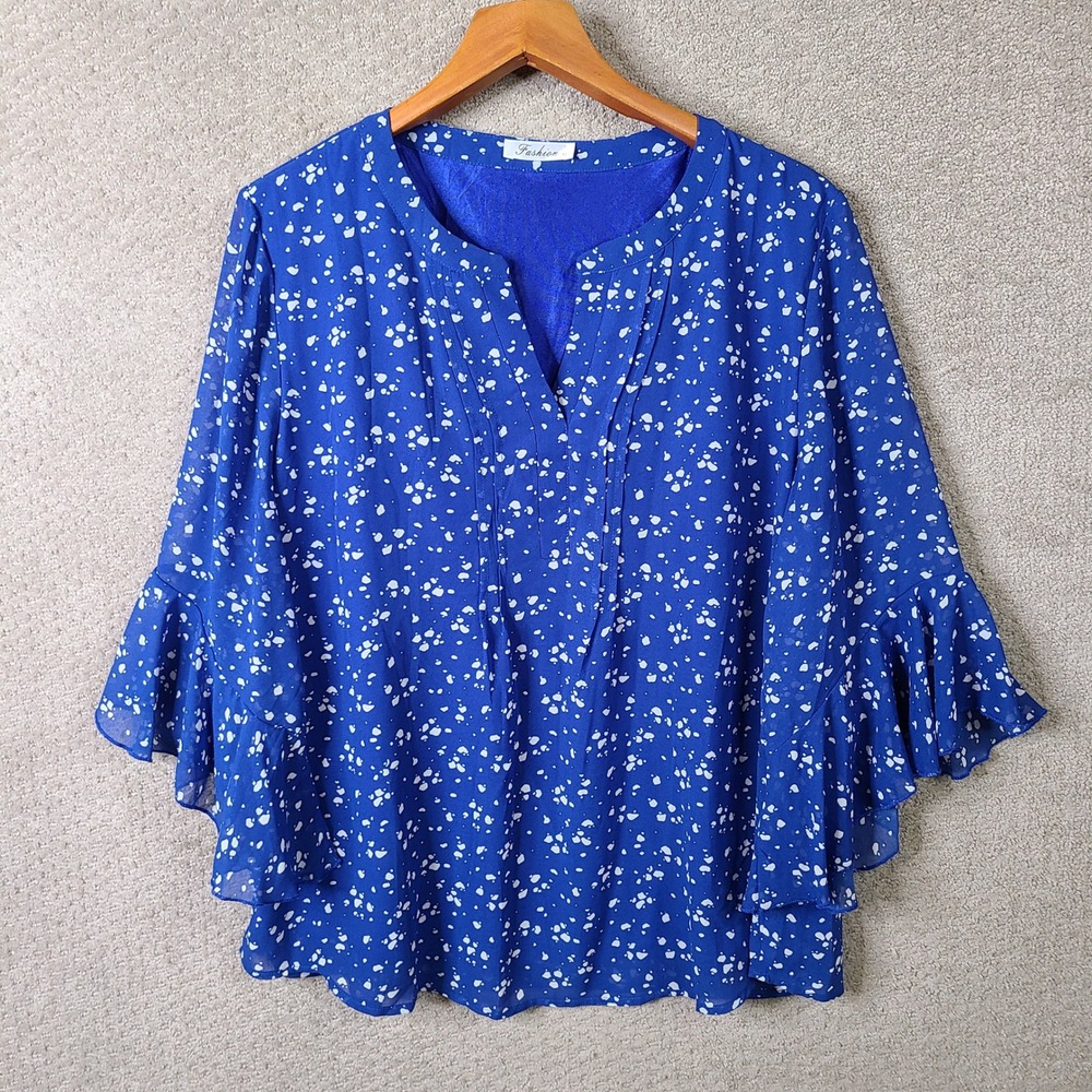 Fashion Blouse Womens XL Blue Spotted Bell Sleeve V Neck Polyester Casual
